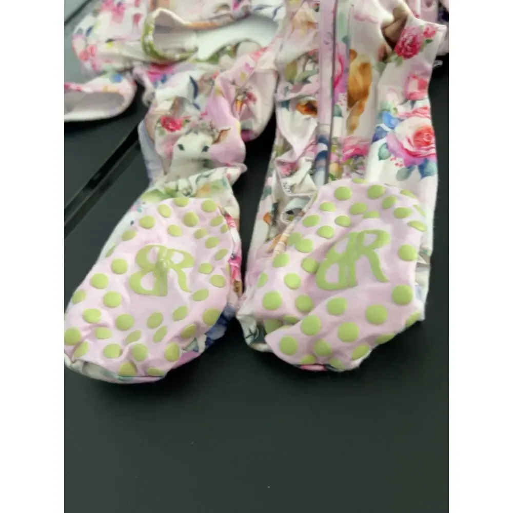 Bums & Roses Hay Girl Hay 9-12M Bamboo Ruffle Footie Farm Animals Floral
